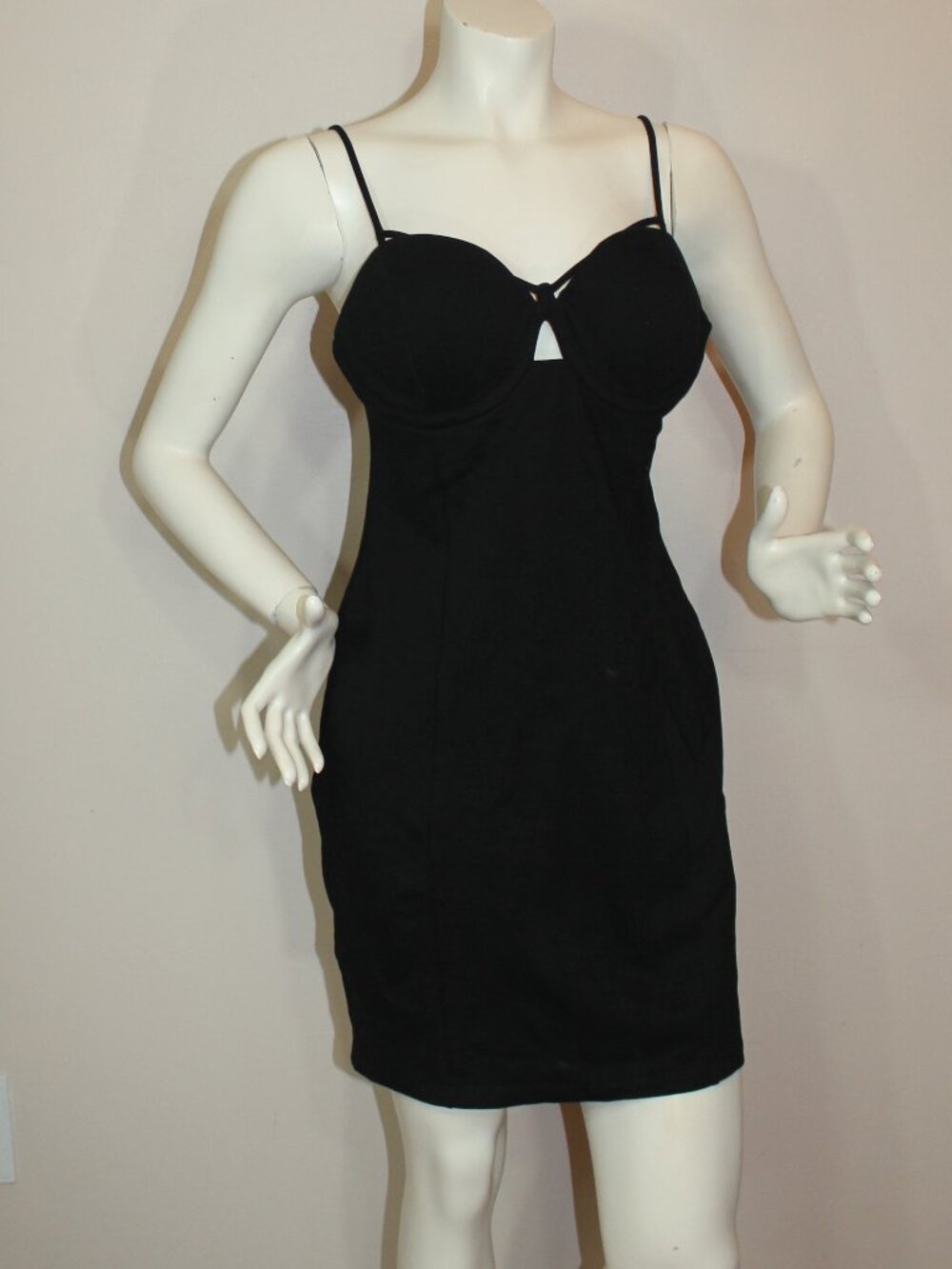 Astr Black mini back zip cute bodycon  lined dress  push up bra trim  size large